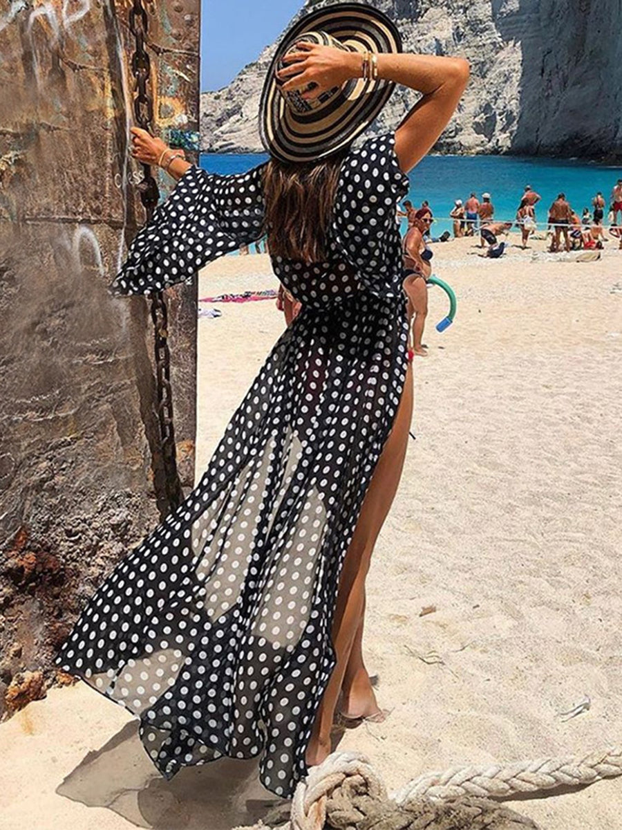 Women Chiffon Polka Dot Loose Cardigan Beach Cover-Up