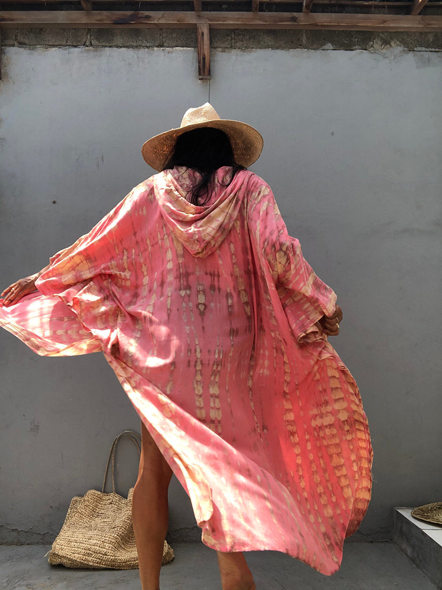 Women Vacation Beach Long Sleeve Print Hood Cover-Up