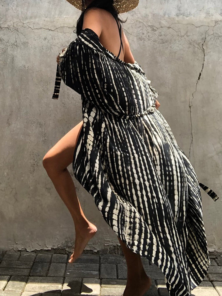 Women Irregular Print Beach Long Cardigan Cover-Up