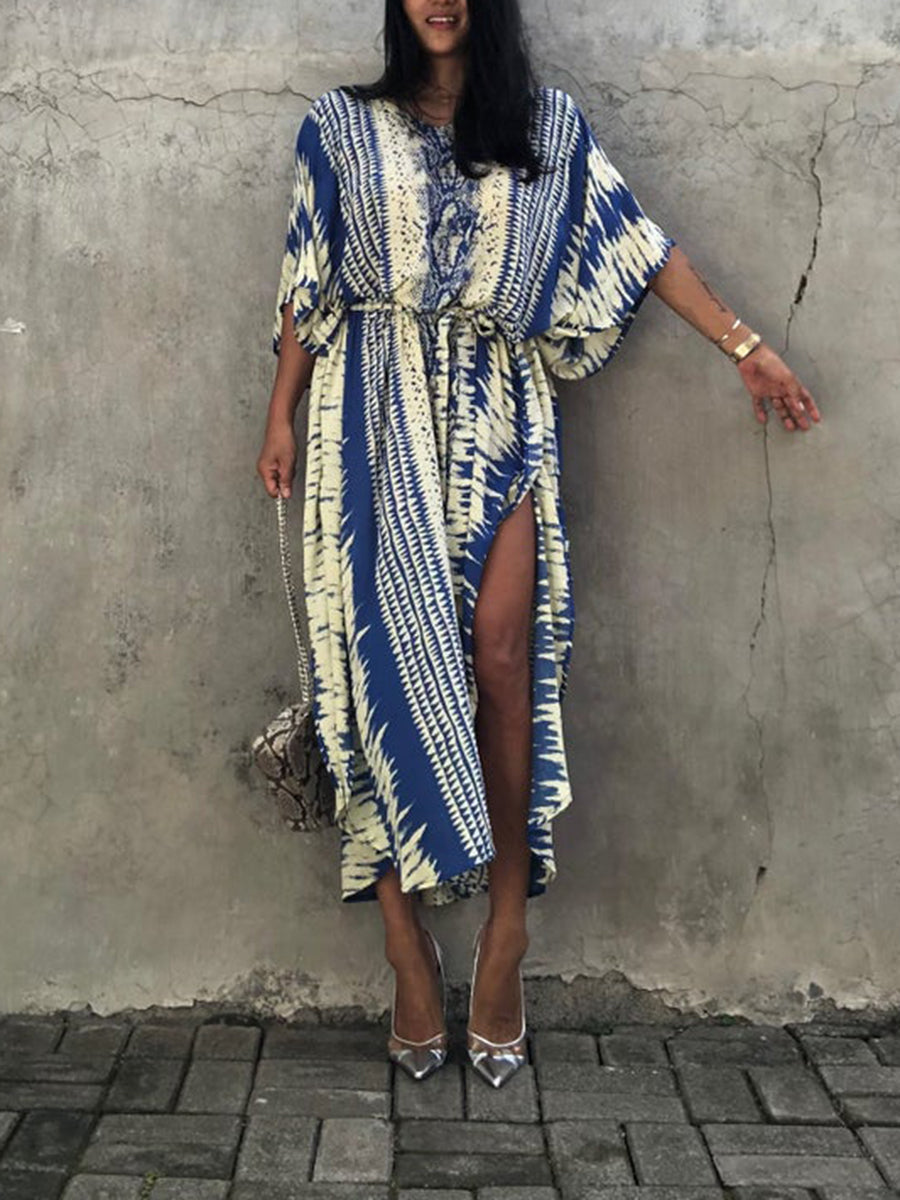 Women Beach Lace-Up Split-Side Loose Abstract Print Cover-Up