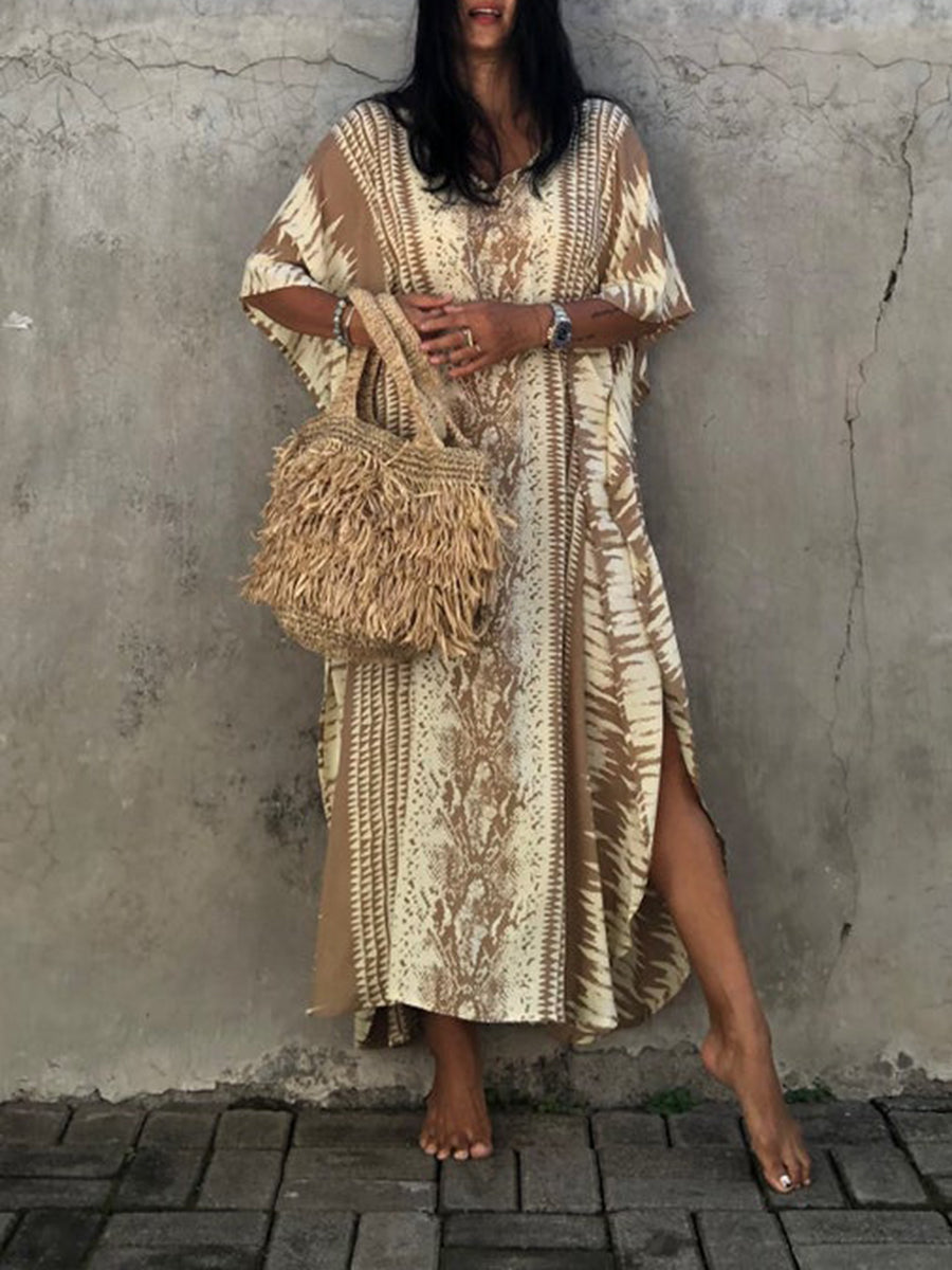 Women Beach Lace-Up Split-Side Loose Abstract Print Cover-Up