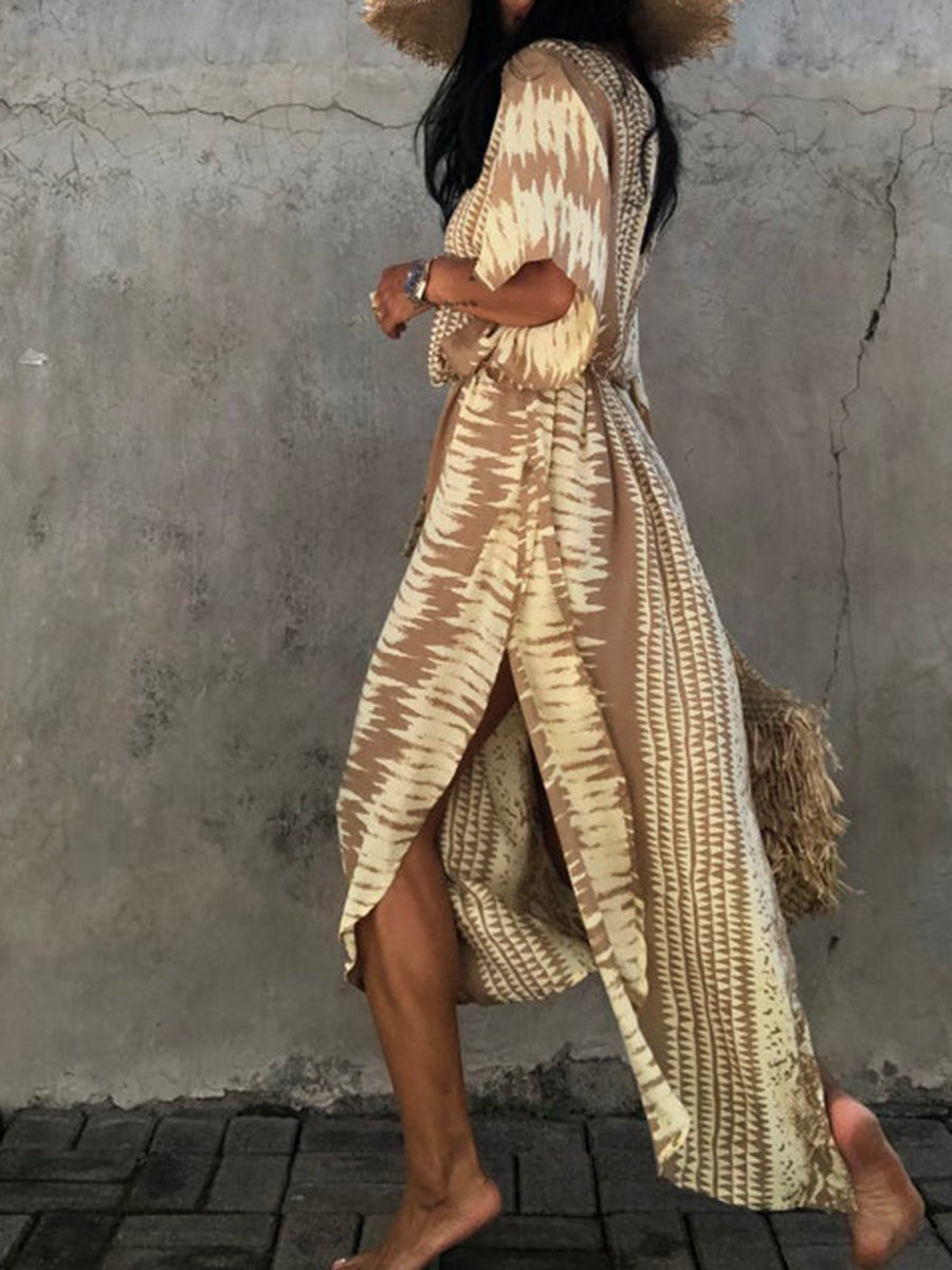 Women Beach Lace-Up Split-Side Loose Abstract Print Cover-Up