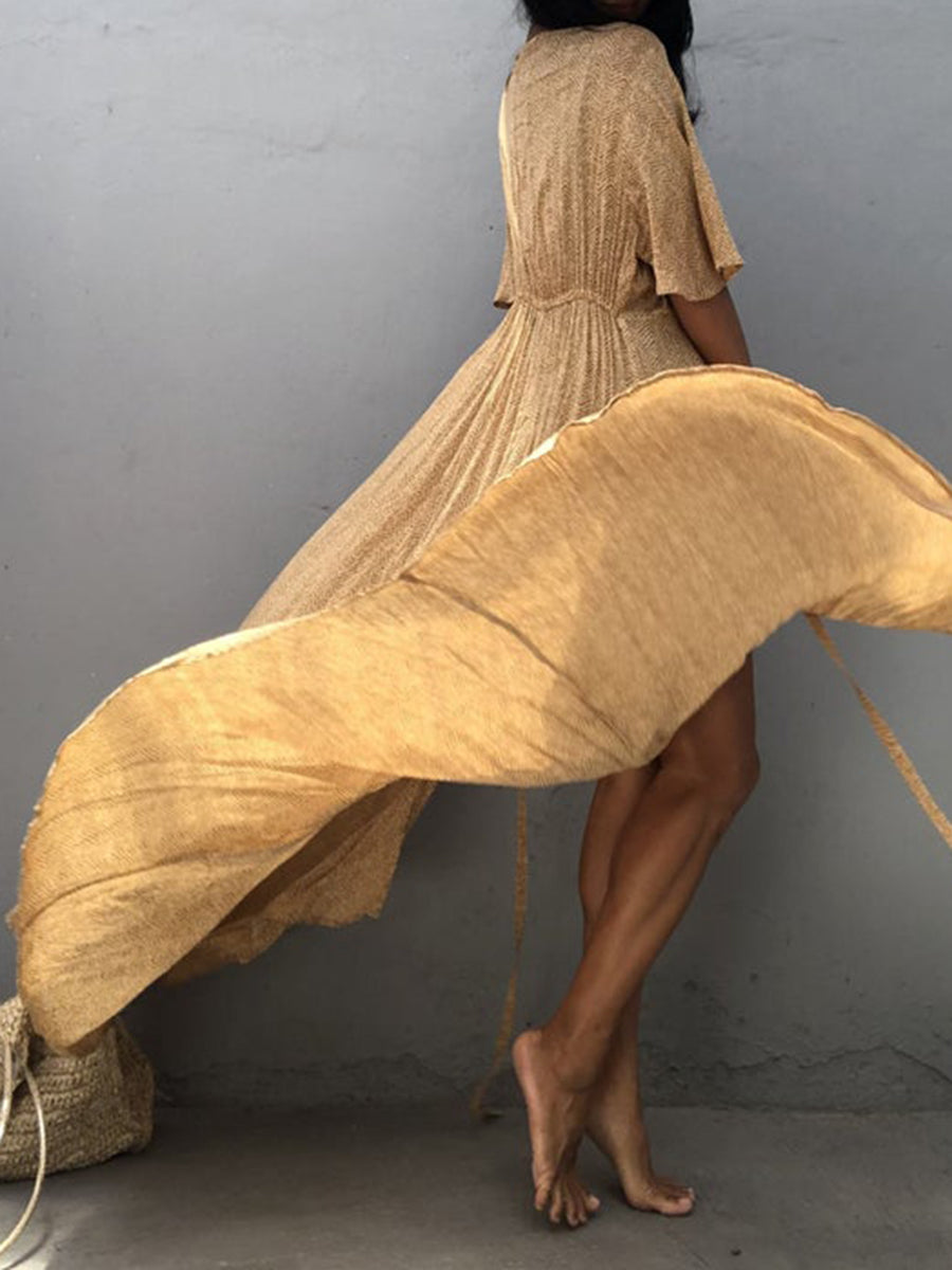 Women Beach Plain 1/2 Sleeve Strapped Cover-Up