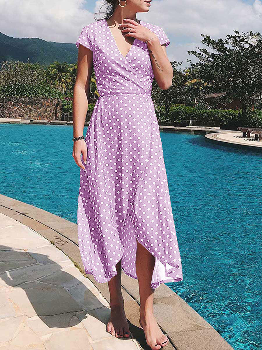 Women Short Sleeve V-Neck Polka Dot Split-Side Maxi Dress