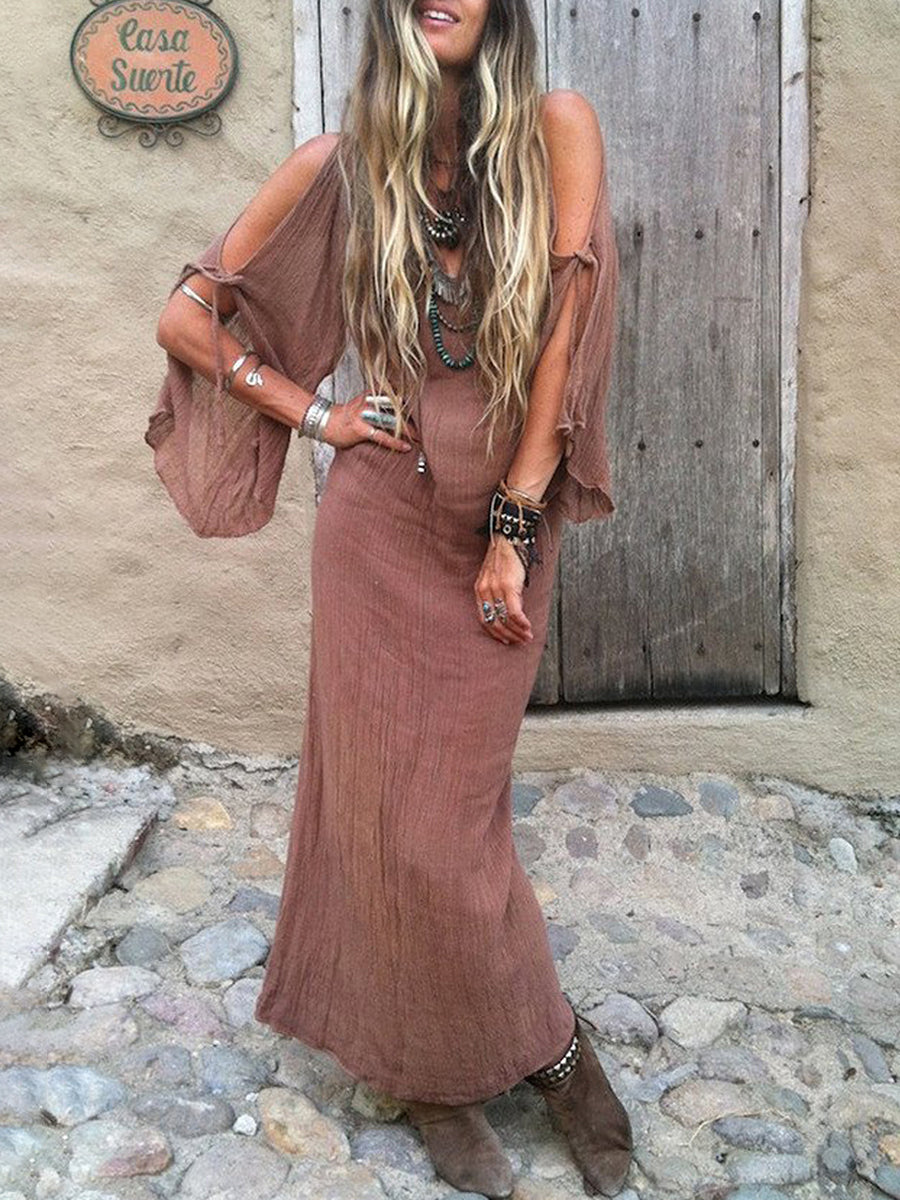 Women Bohemian Plain V-Neck Beach Maxi Dress