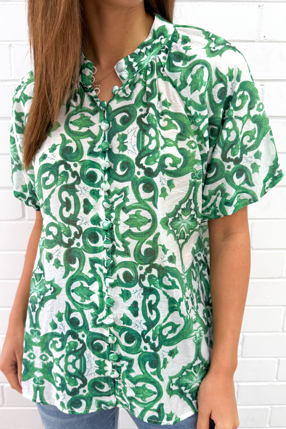Ivy Blouse - Green White Tile