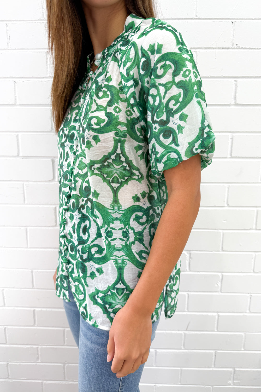 Ivy Blouse - Green White Tile