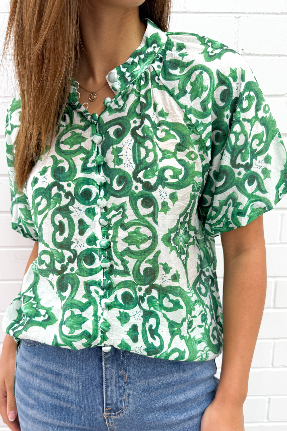 Ivy Blouse - Green White Tile