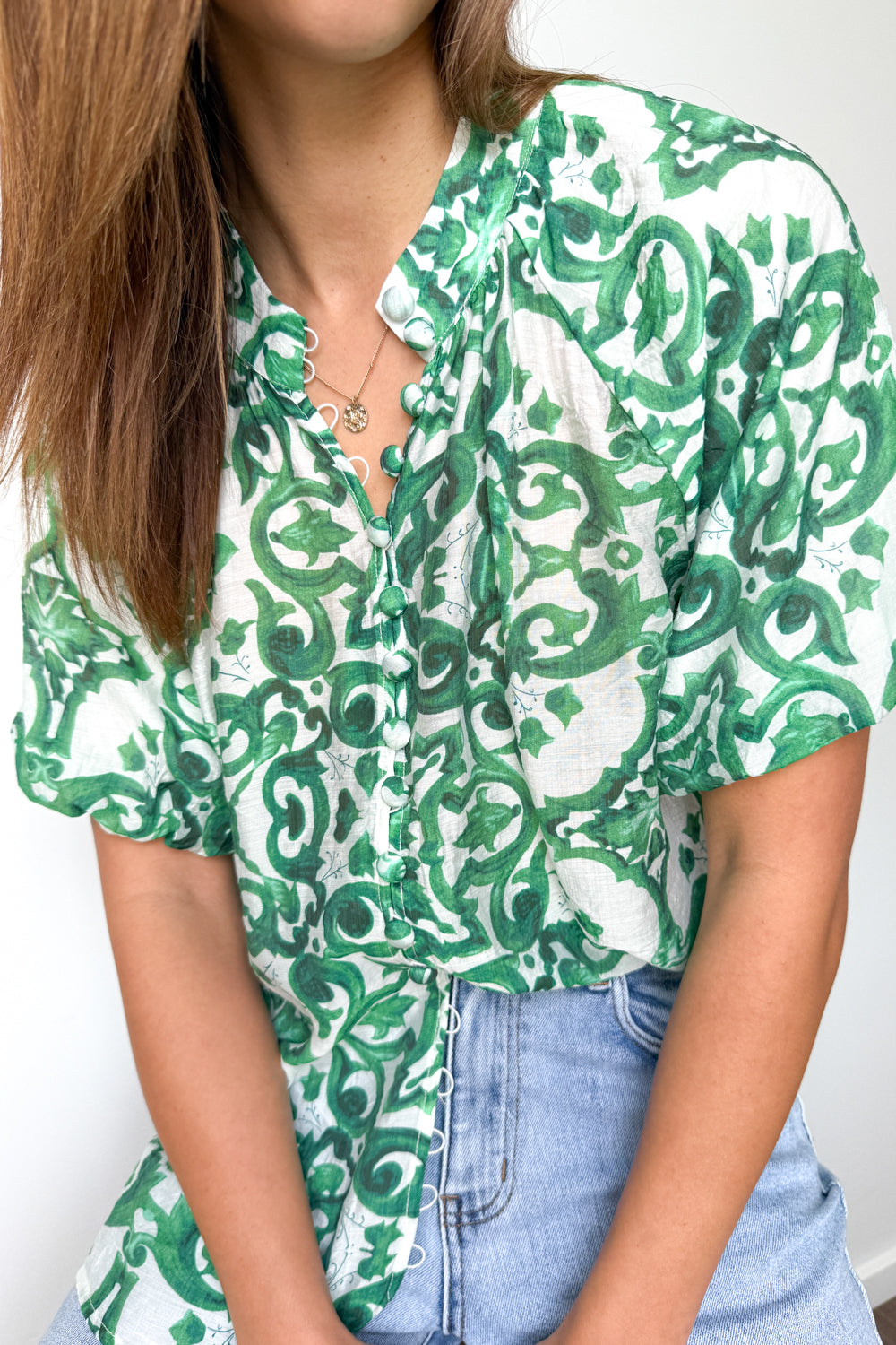 Ivy Blouse - Green White Tile