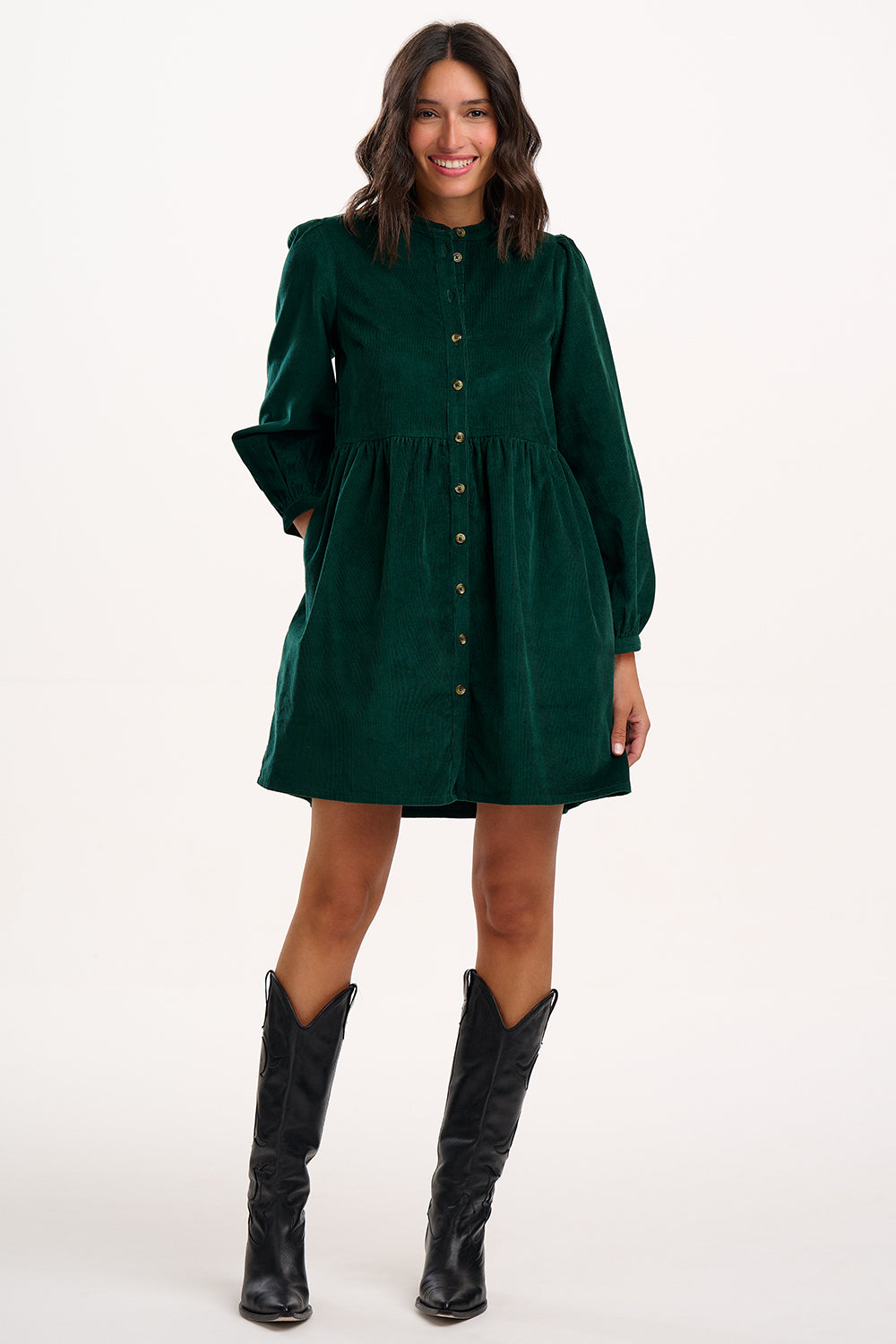 Brandy Mini Smock Dress - Green Cord