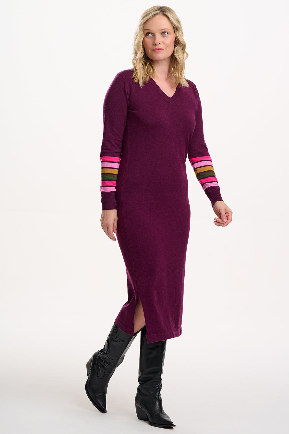 Dania Knit Midi Dress - Burgundy, Sleeve Stripes