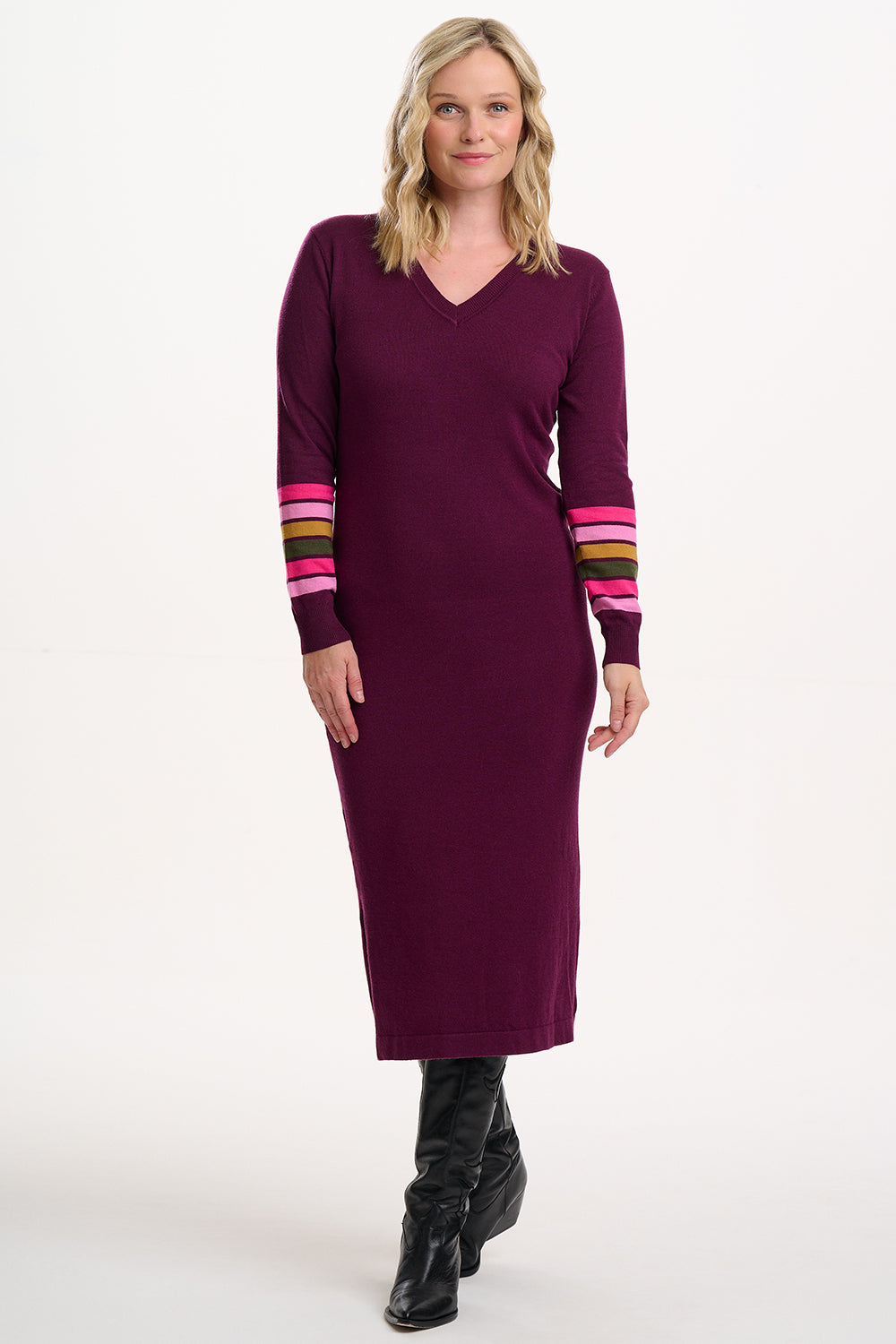 Dania Knit Midi Dress - Burgundy, Sleeve Stripes