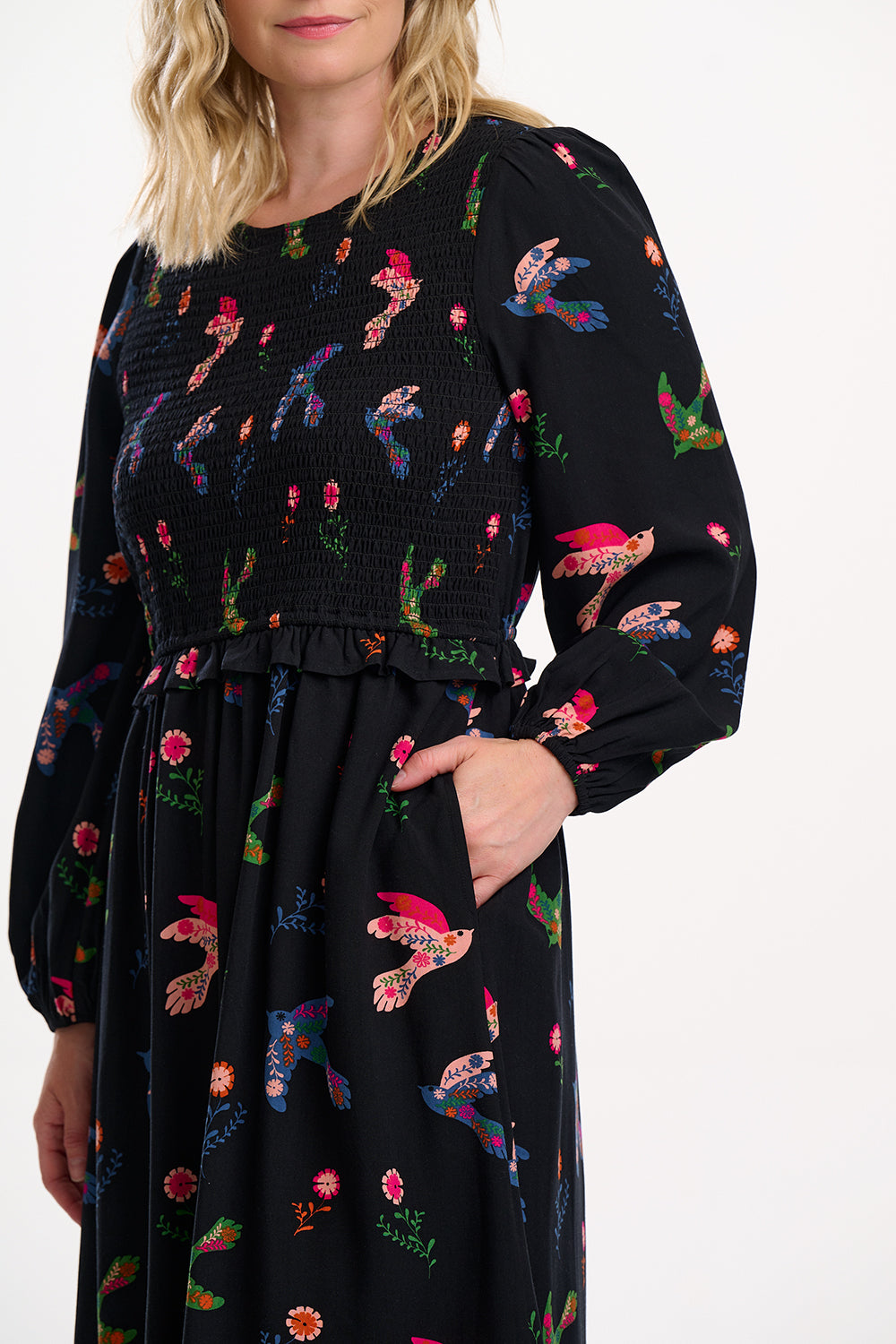 Darcie Shirred Midi Dress - Black, Rainbow Folk Bird