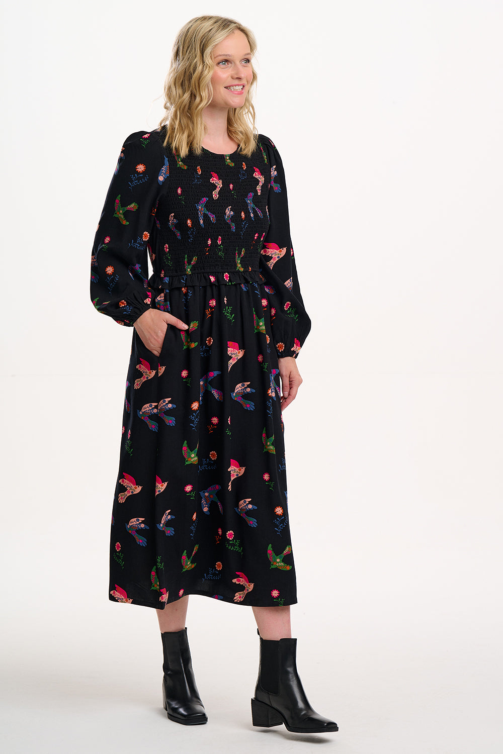 Darcie Shirred Midi Dress - Black, Rainbow Folk Bird