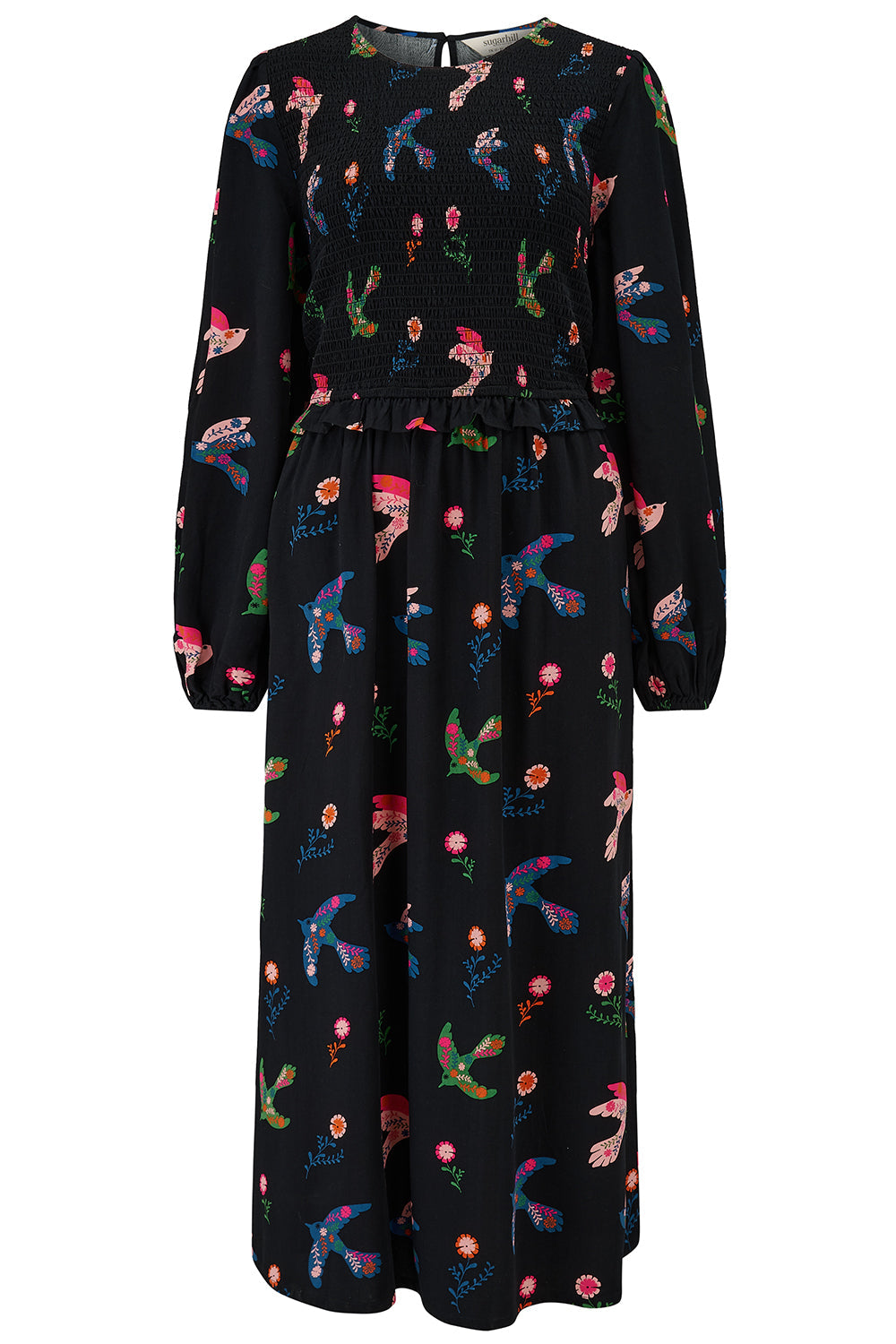 Darcie Shirred Midi Dress - Black, Rainbow Folk Bird