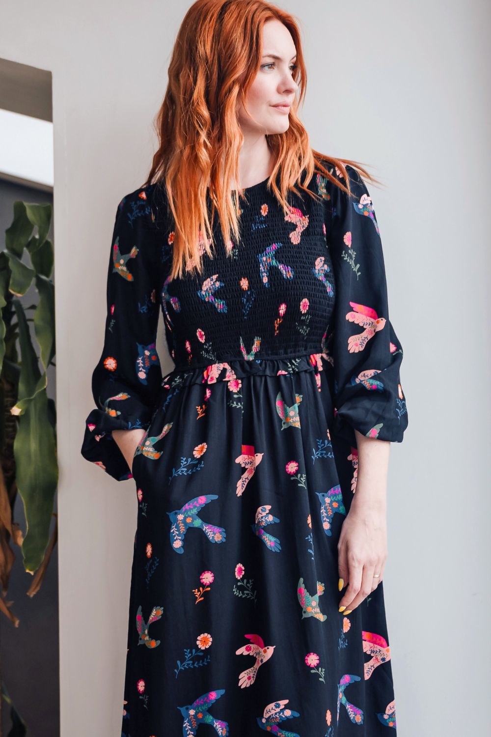 Darcie Shirred Midi Dress - Black, Rainbow Folk Bird