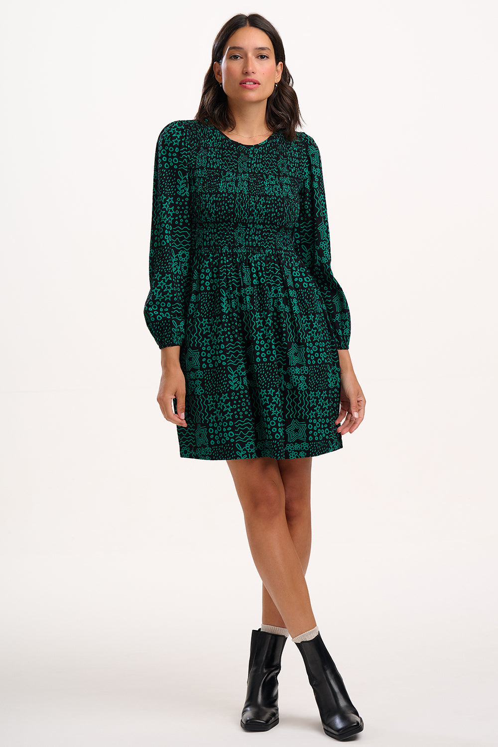 Dee Dee Jersey Shirred Mini Dress - Black/Green, Doodle Checkerboard