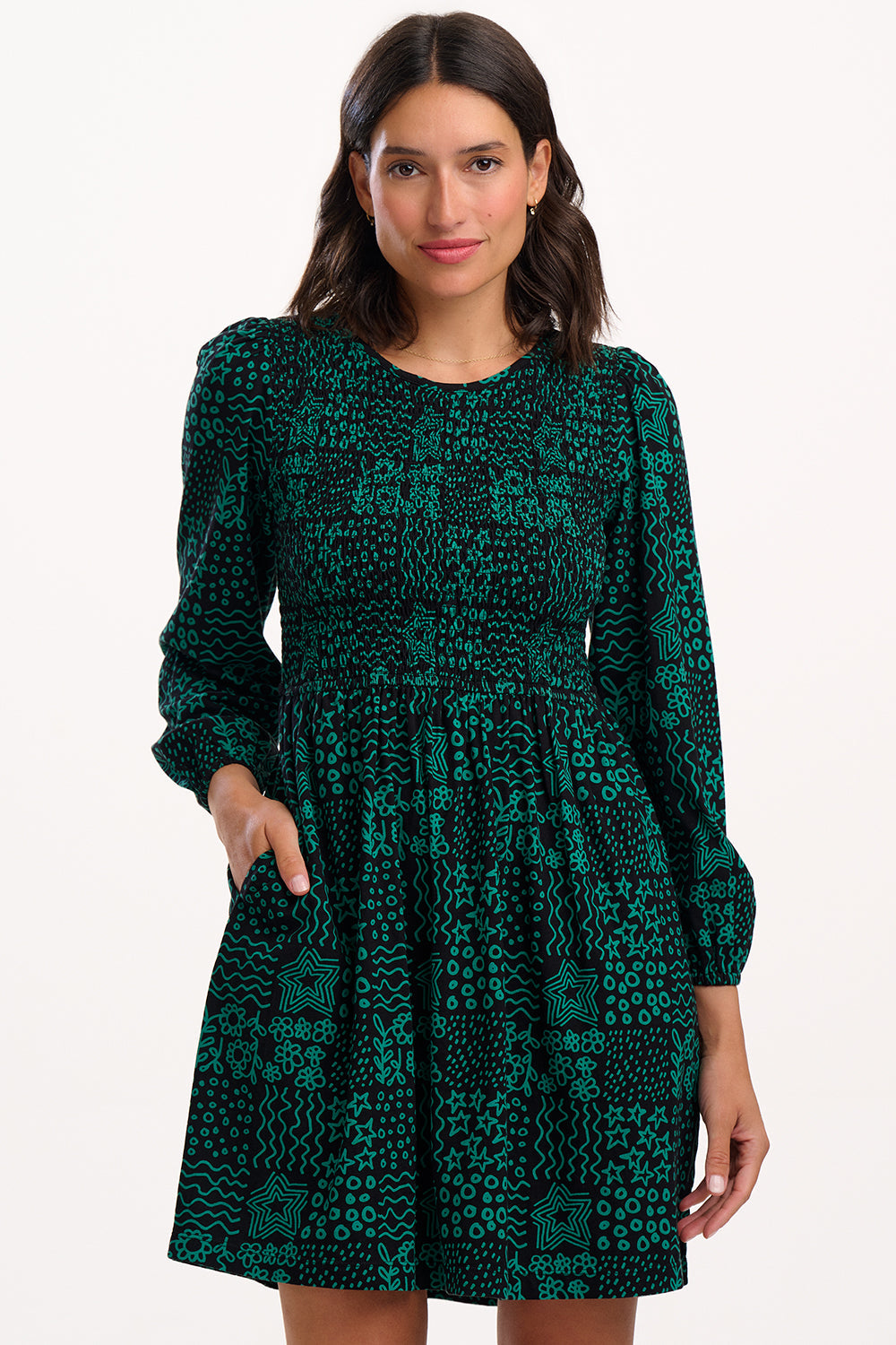 Dee Dee Jersey Shirred Mini Dress - Black/Green, Doodle Checkerboard