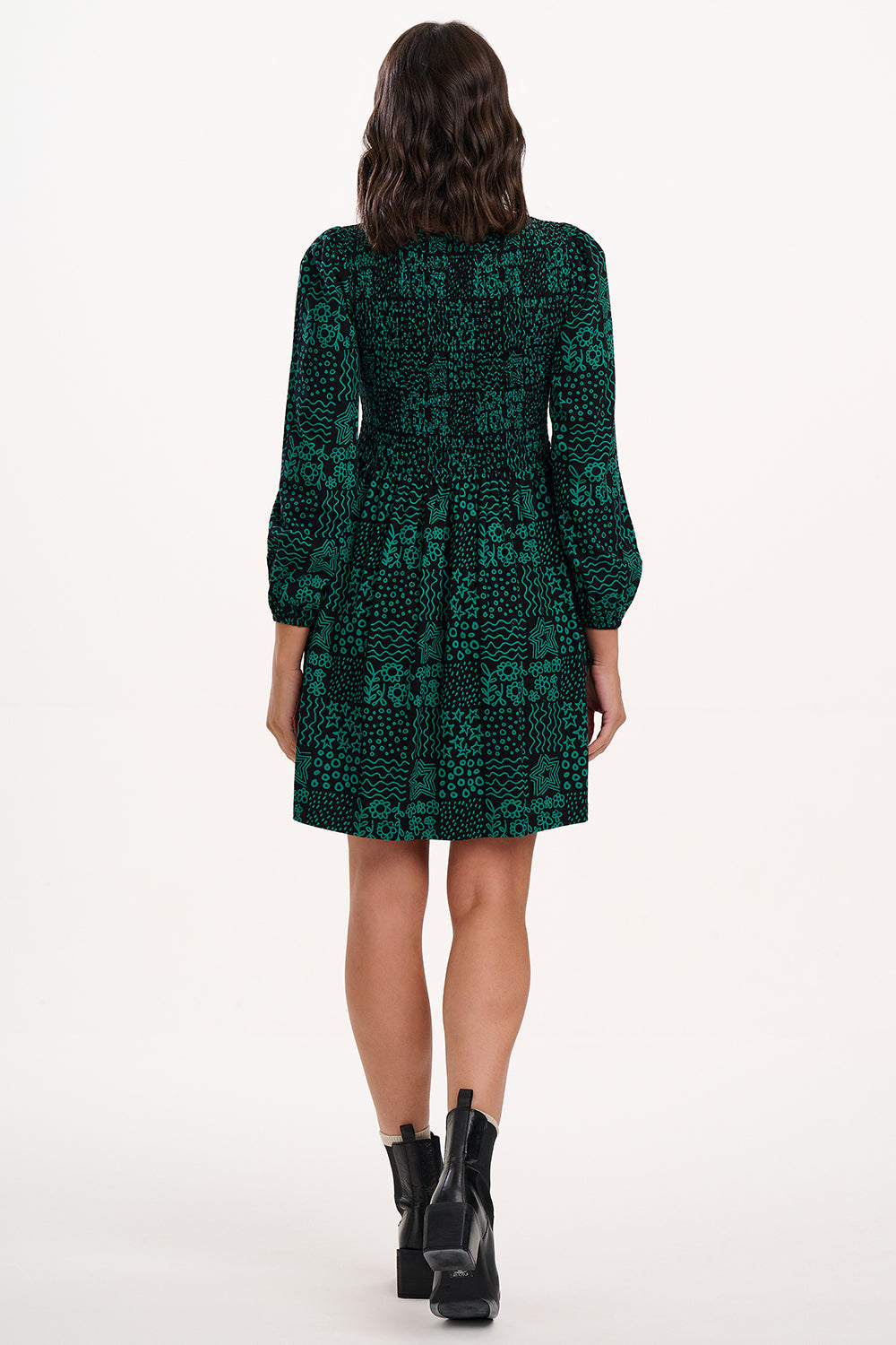 Dee Dee Jersey Shirred Mini Dress - Black/Green, Doodle Checkerboard