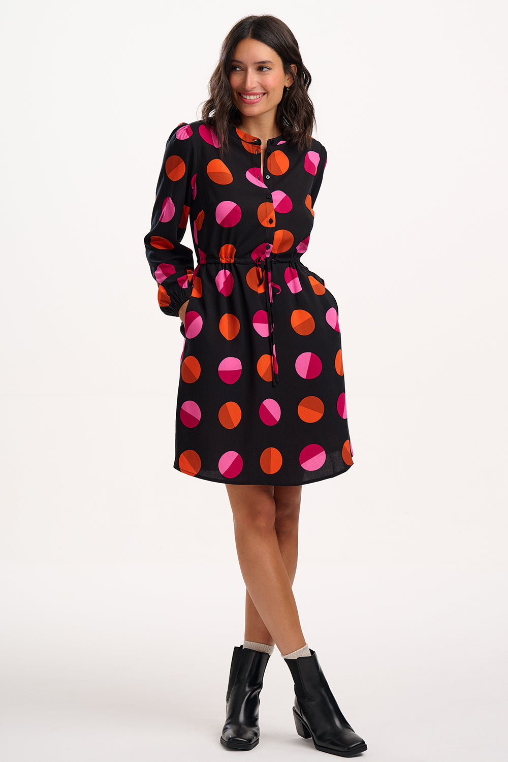Flora Mini Shirt Dress - Black, Split Polka