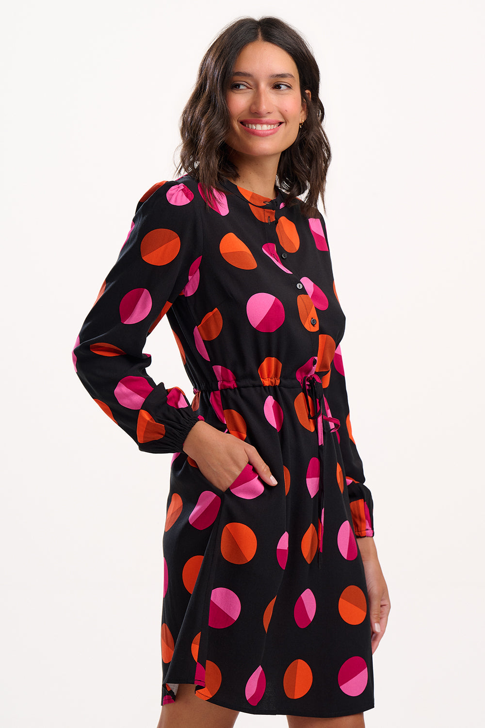 Flora Mini Shirt Dress - Black, Split Polka