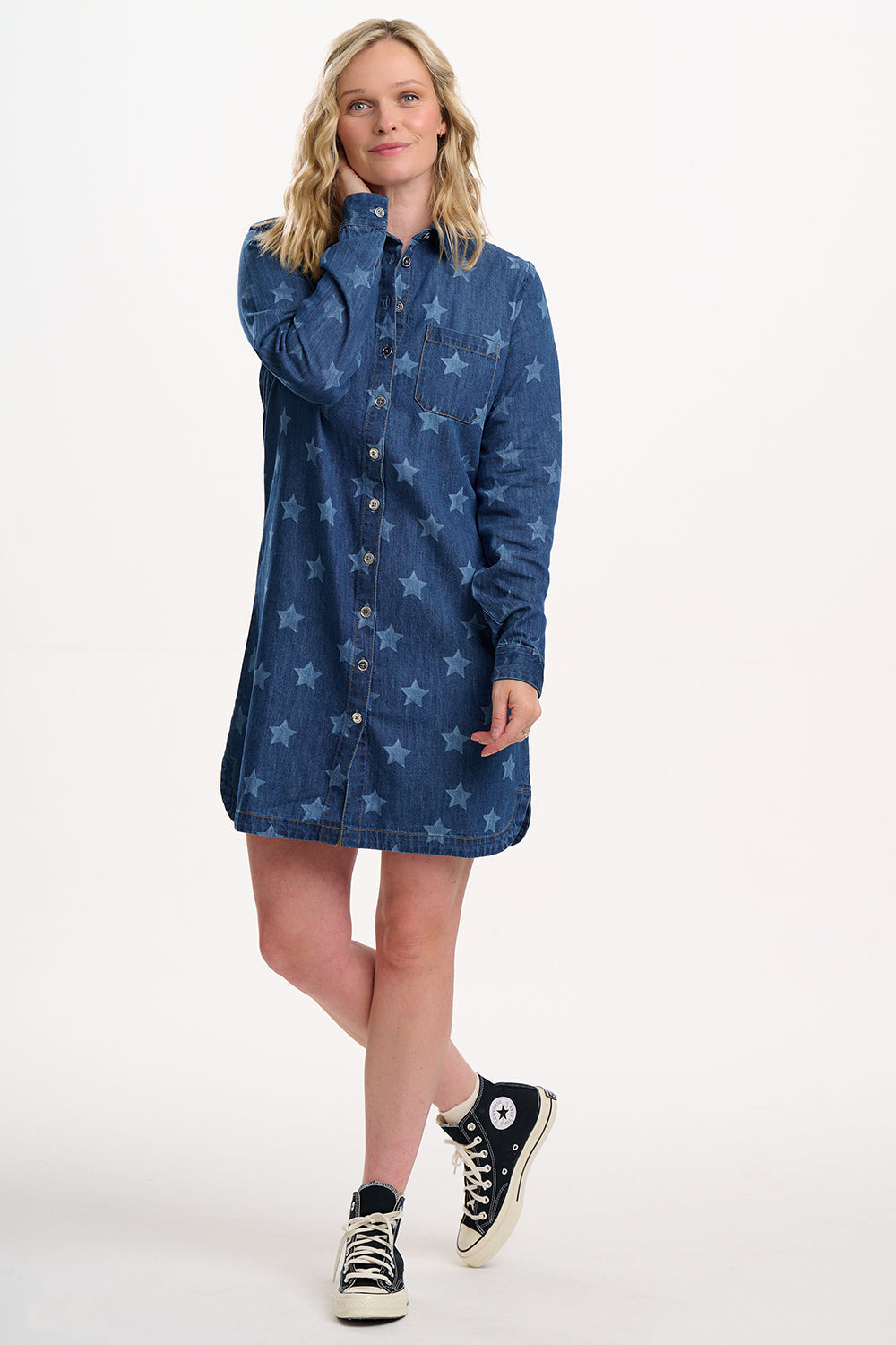 Ilsa Mini Shirt Dress - Mid Blue Denim, Bleached Stars