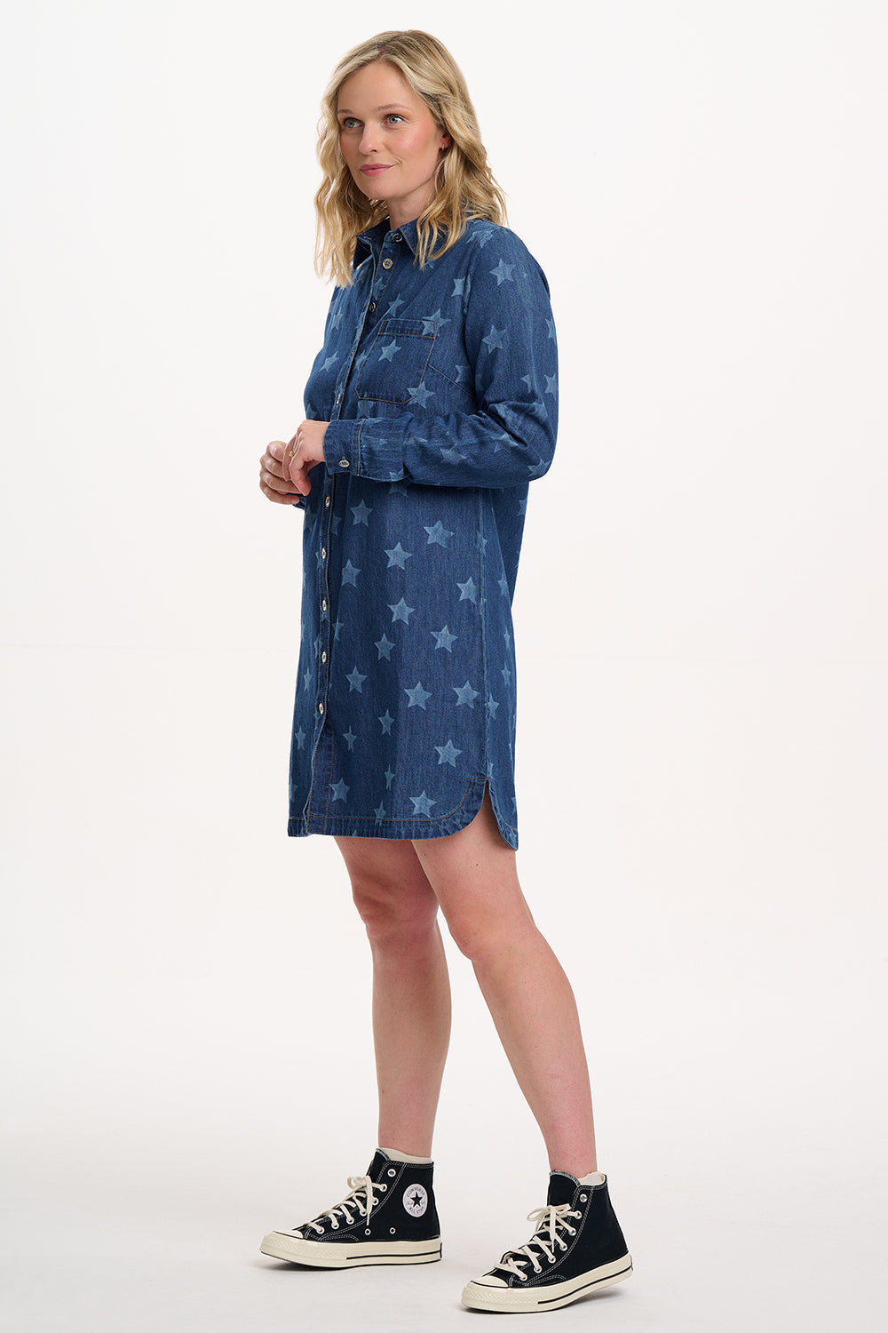 Ilsa Mini Shirt Dress - Mid Blue Denim, Bleached Stars
