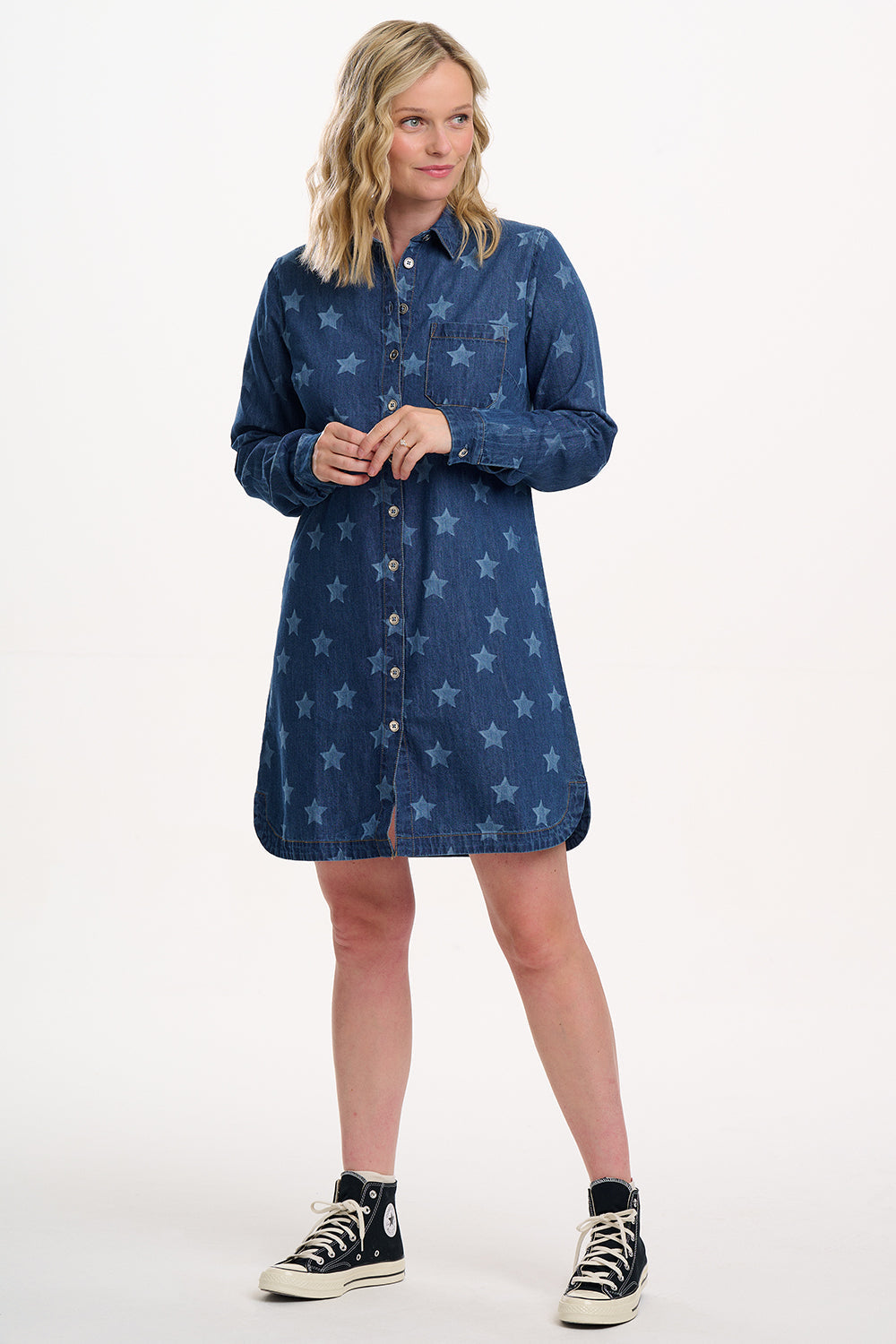 Ilsa Mini Shirt Dress - Mid Blue Denim, Bleached Stars