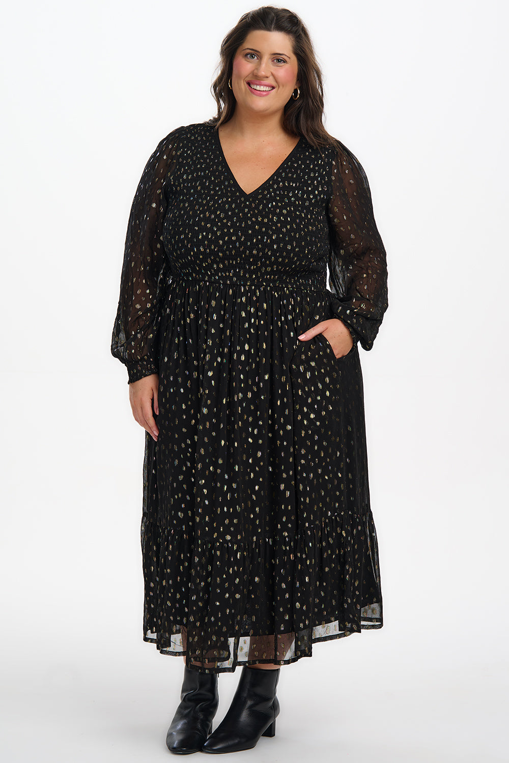 Jacqueline Shirred Midi Dress - Black, Metallic Spot