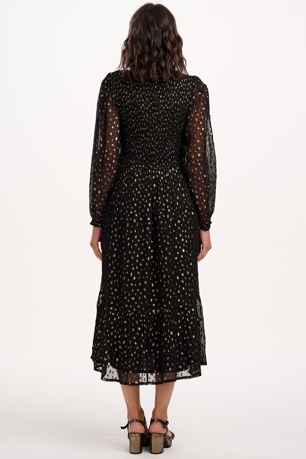 Jacqueline Shirred Midi Dress - Black, Metallic Spot