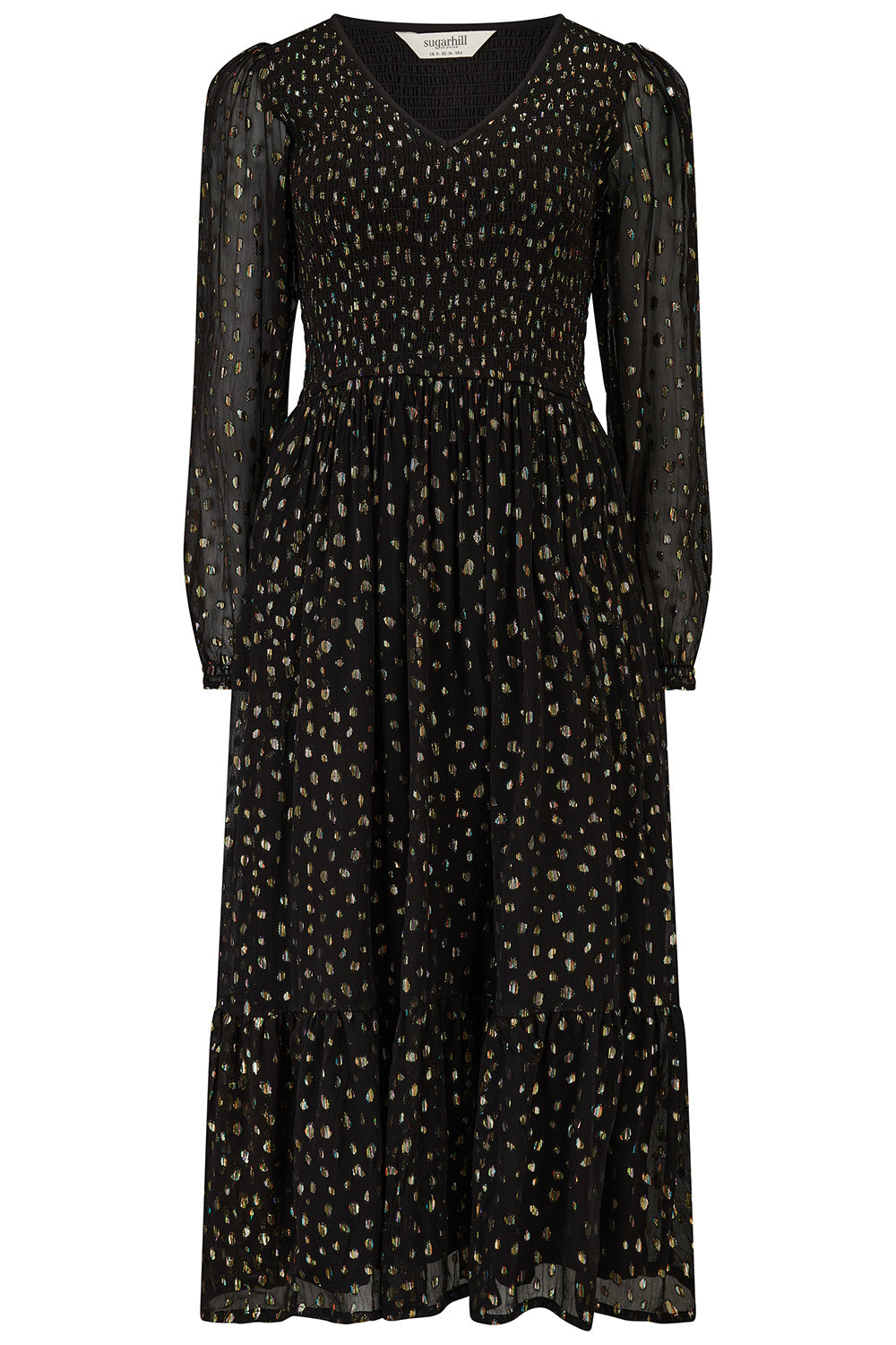 Jacqueline Shirred Midi Dress - Black, Metallic Spot