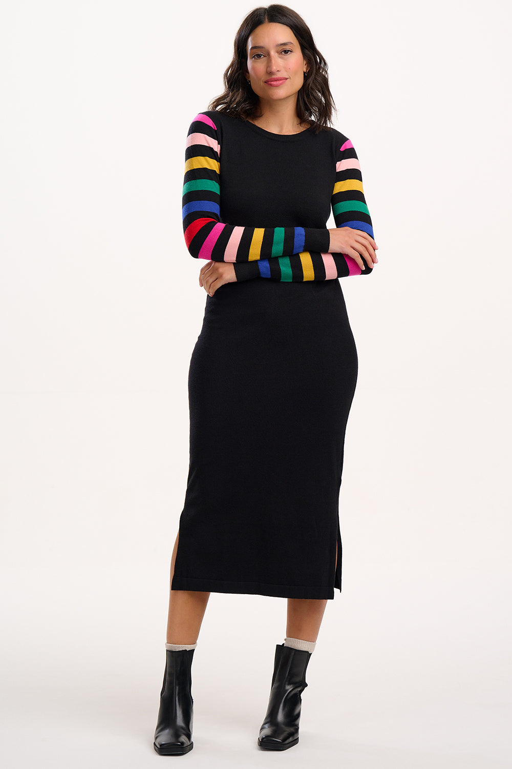 Liselle Knit Midi Dress - Black, Rainbow Sleeves