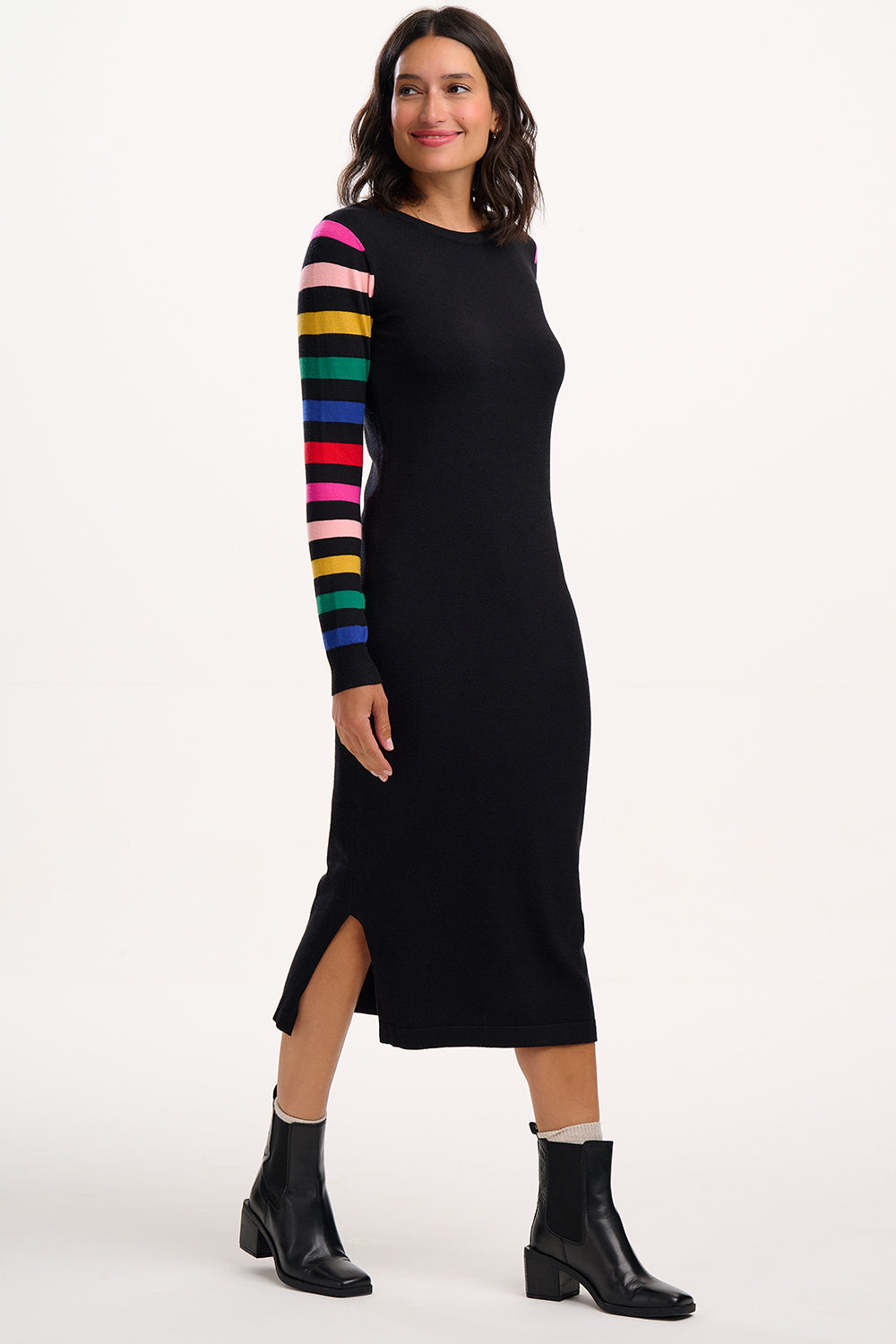Liselle Knit Midi Dress - Black, Rainbow Sleeves