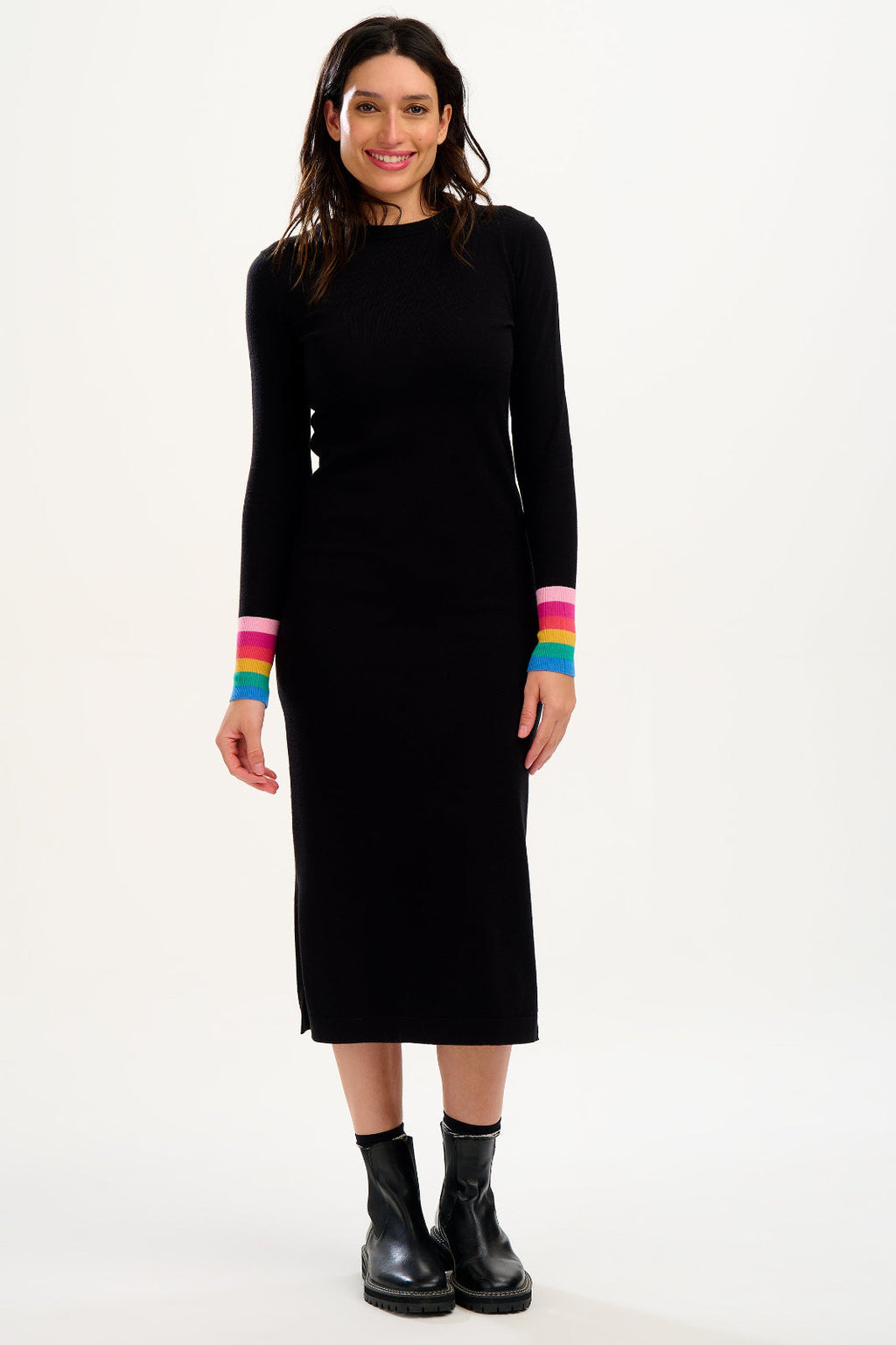 Liselle Midi Knit Dress - Black, Rainbow Stripe Cuffs