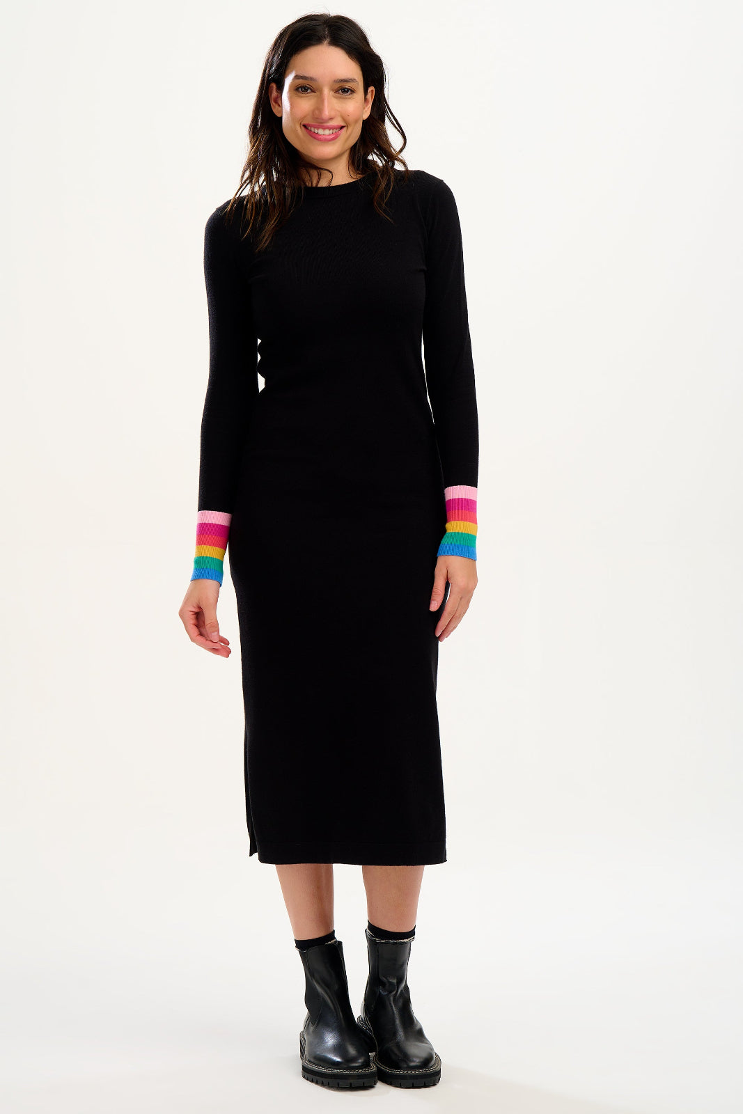 Liselle Midi Knit Dress - Black, Rainbow Stripe Cuffs