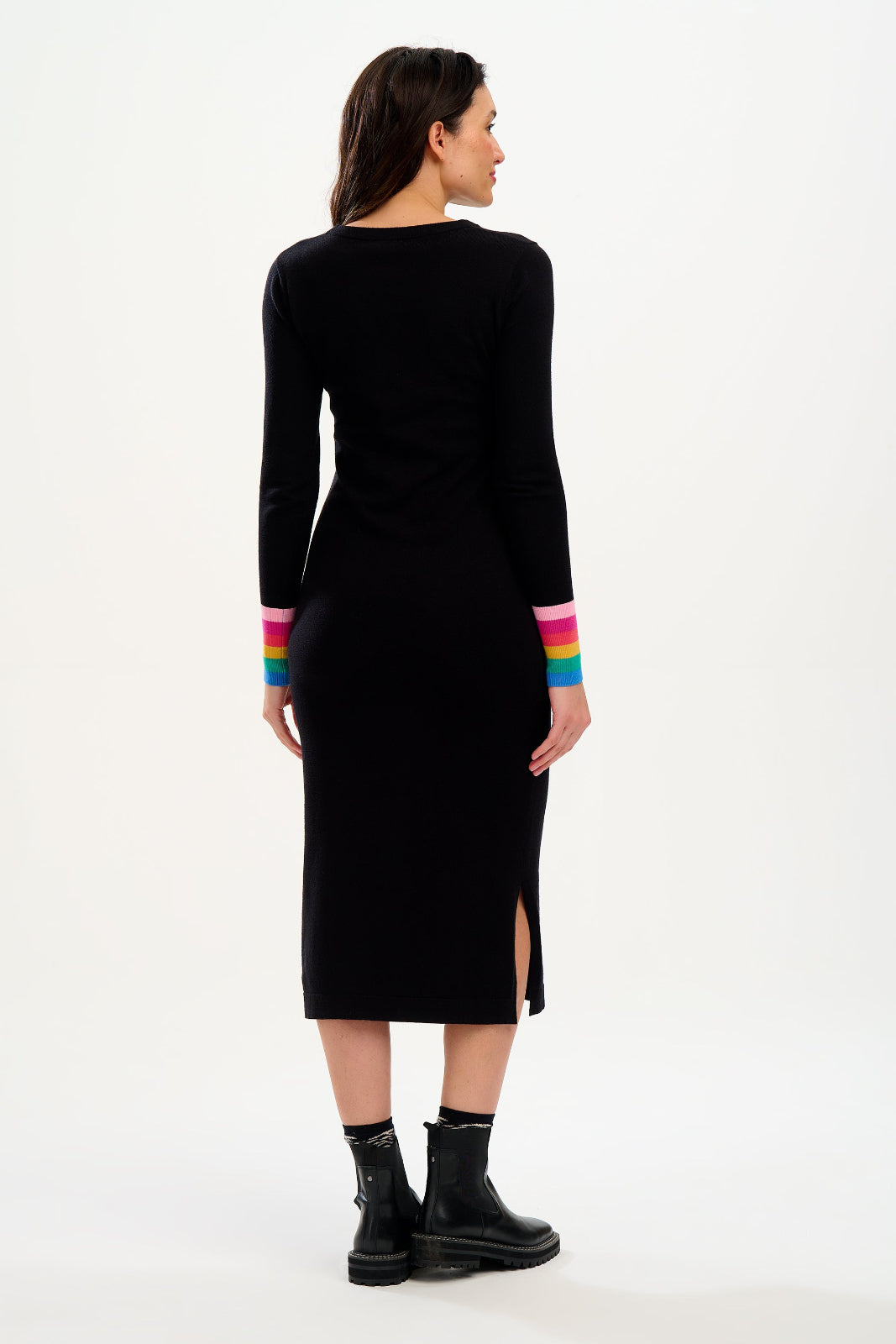 Liselle Midi Knit Dress - Black, Rainbow Stripe Cuffs