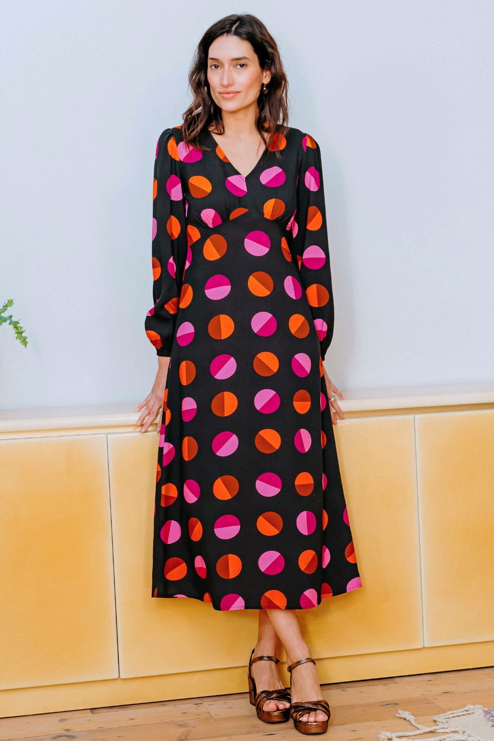 Marcie Midi Dress - Black, Split Polka