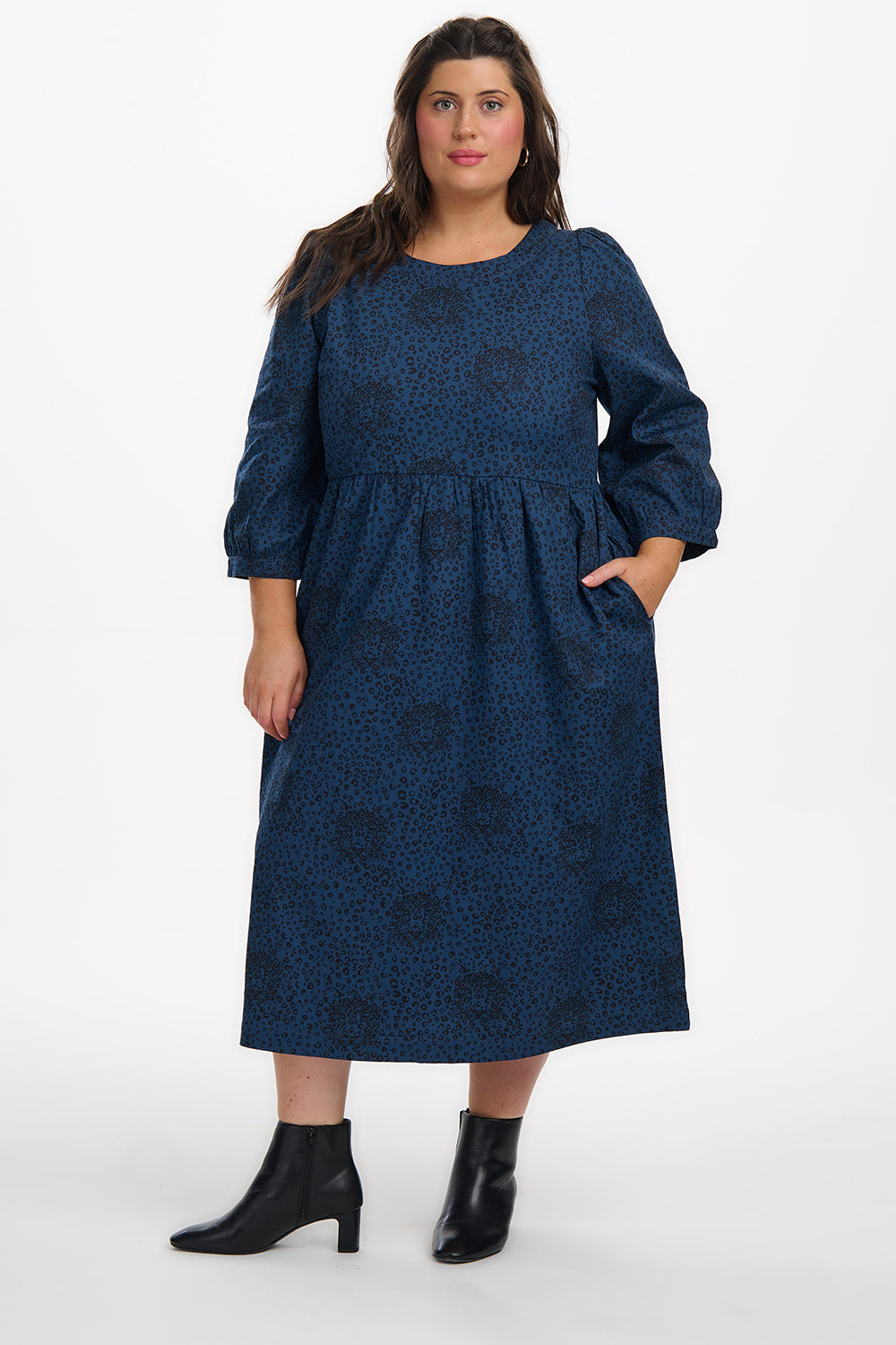 Maria Midi Smock Dress - Petrol Navy, Hidden Leopard